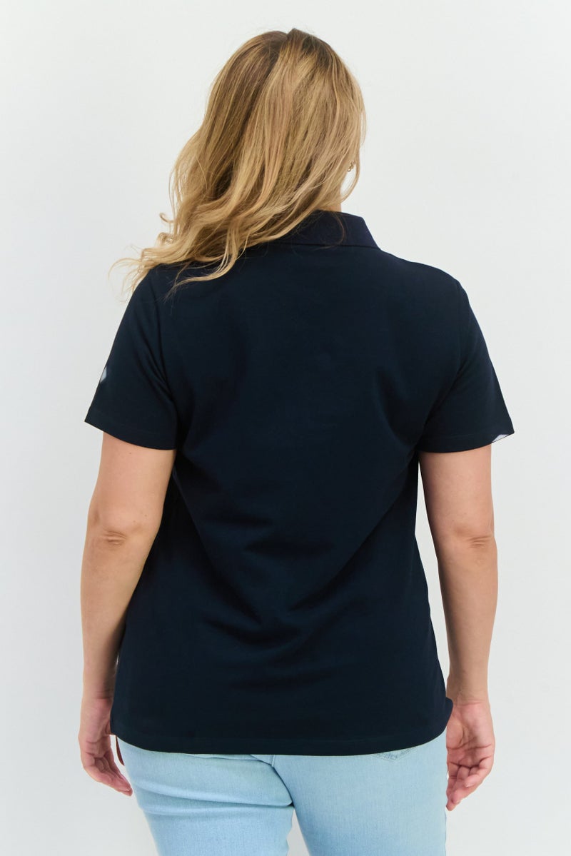 Lyle & Scott Women Spread Collar Short Sleeves Embroidered Logo Polo Shirt, Navy - Image 3