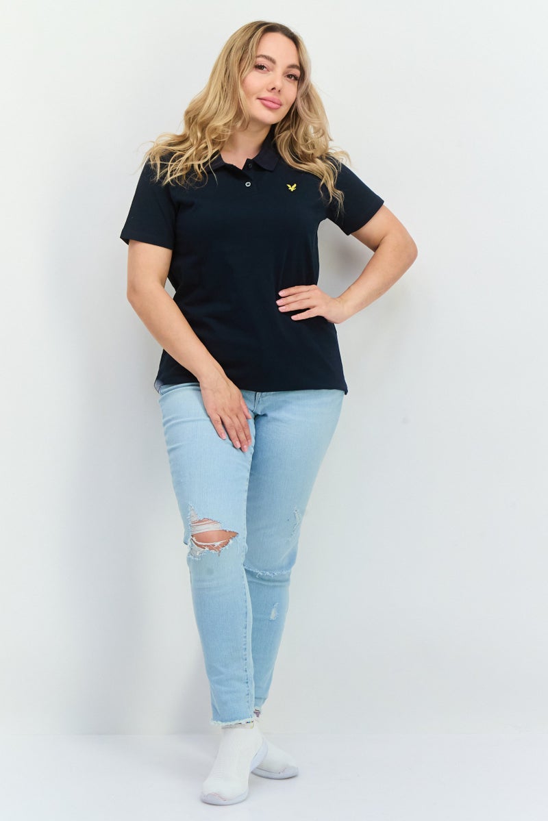 Lyle & Scott Women Spread Collar Short Sleeves Embroidered Logo Polo Shirt, Navy - Image 4