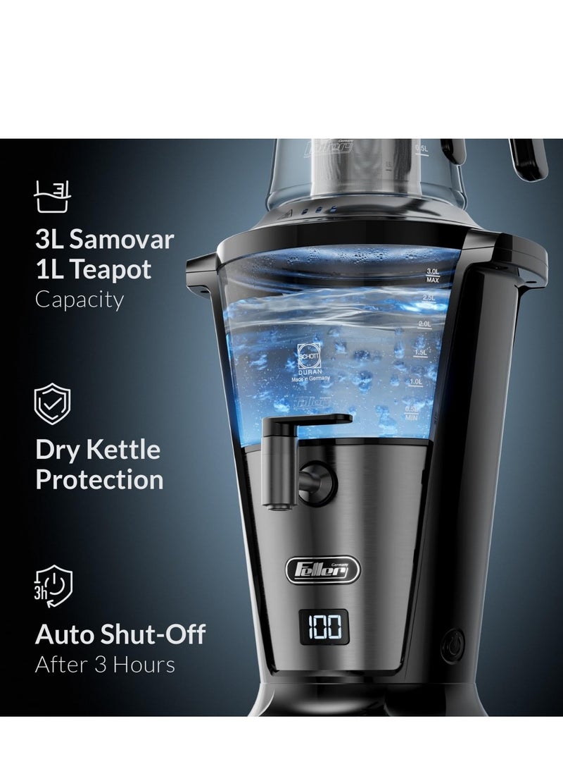 Feller Germany 2000W Electric Samovar Tea Maker, 3L Samovar + 1L Teapot, German Schott Glass, Digital Display, Anti-Drip Valve, Water Flow Stabilizer, TS390 (Black) - Image 2