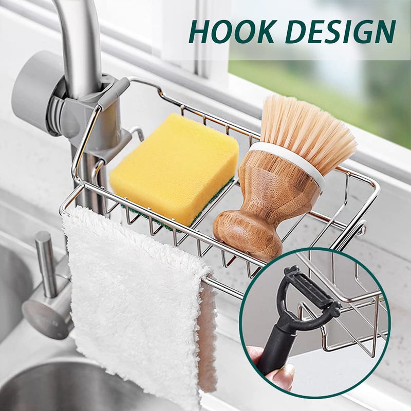 CcHhyyt CcHhyyt Kitchen Faucet Rack Sponge Holder Sink Caddy Organizer Hanging Caddy Drainer Rack Stainless Steel Storage Rack for SpongeSoap BrushTowel Bathroom Shower Caddy Shelf for Shampoo - Image 2