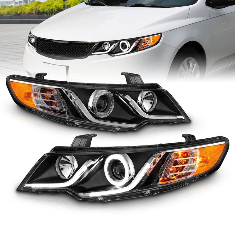 AmeriLite Dual LED Halos + Tube Black Replacement Projector Headlights for 2010-2013 Kia Forte Koup