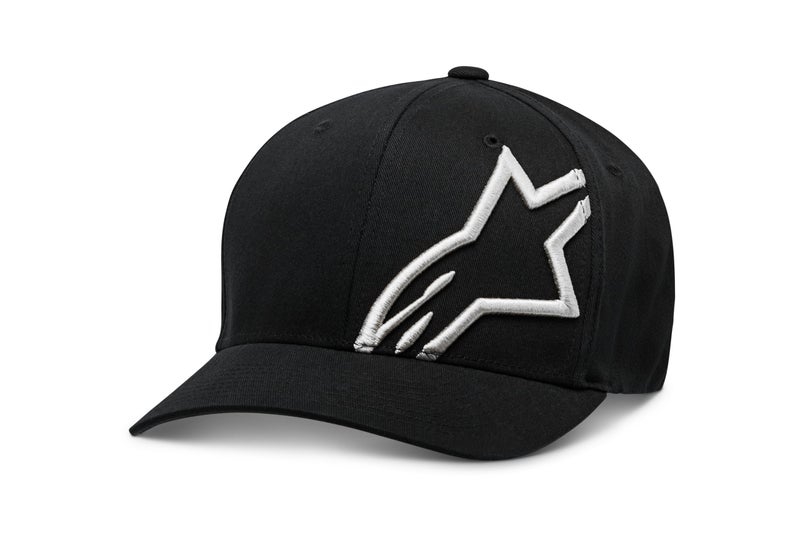 ALPINESTARS Men's Curved Bill Structured Crown Flex Back 3D Embroidered Logo Flexfit Hat, Corp Shift 2 Black/White, S/M - Image 1