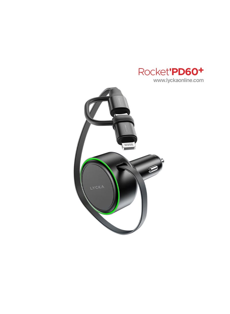 Lycka Rocket PD60+ 60W Type-C & Lighting Fast Car Charger with Built-in 2-in-1 Cable - Image 1