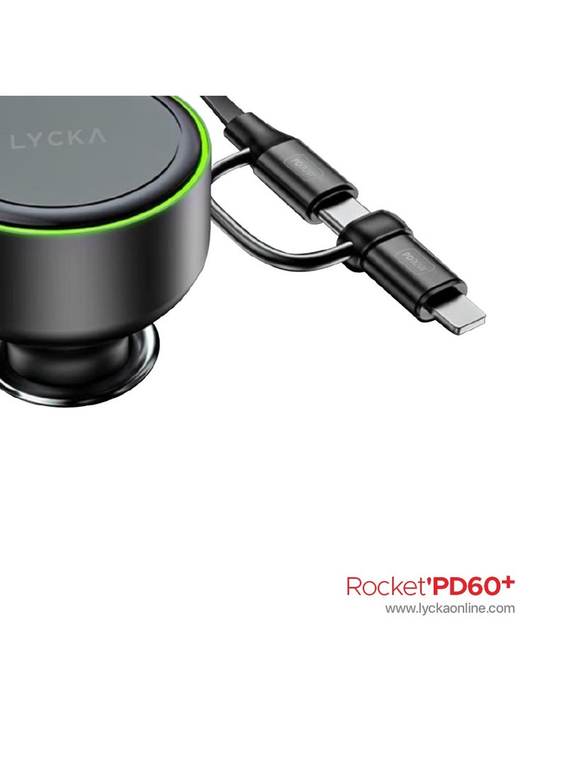 Lycka Rocket PD60+ 60W Type-C & Lighting Fast Car Charger with Built-in 2-in-1 Cable - Image 2