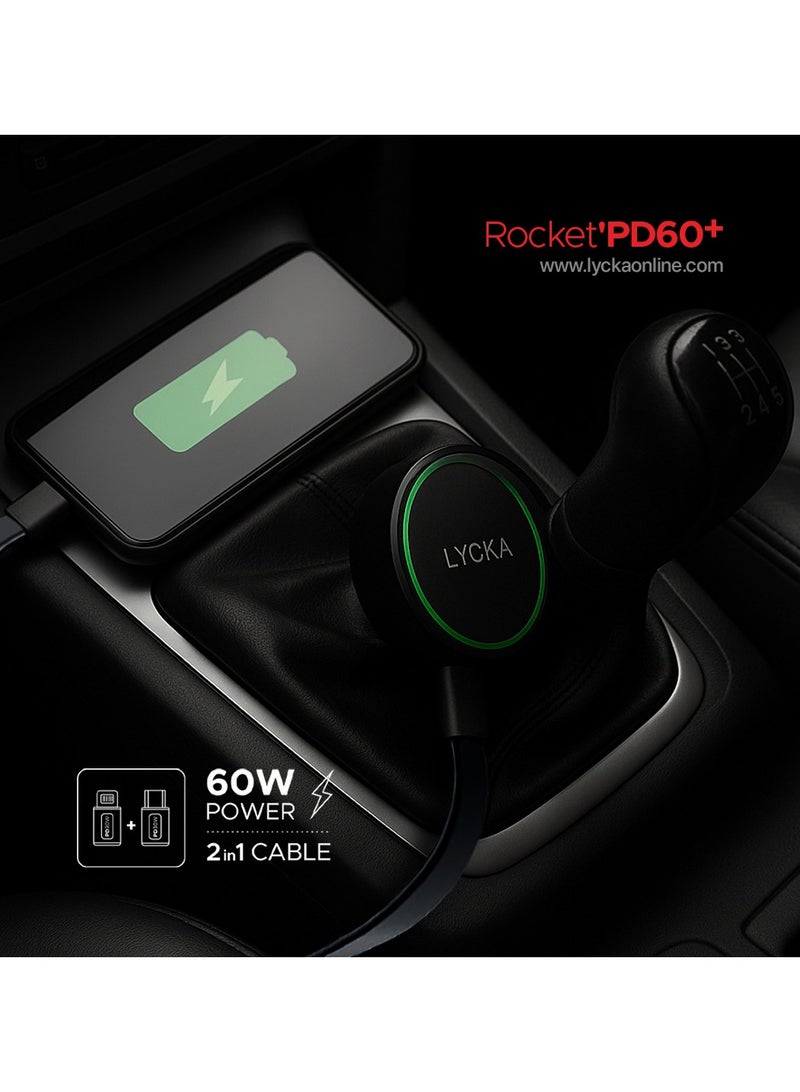 Lycka Rocket PD60+ 60W Type-C & Lighting Fast Car Charger with Built-in 2-in-1 Cable - Image 3
