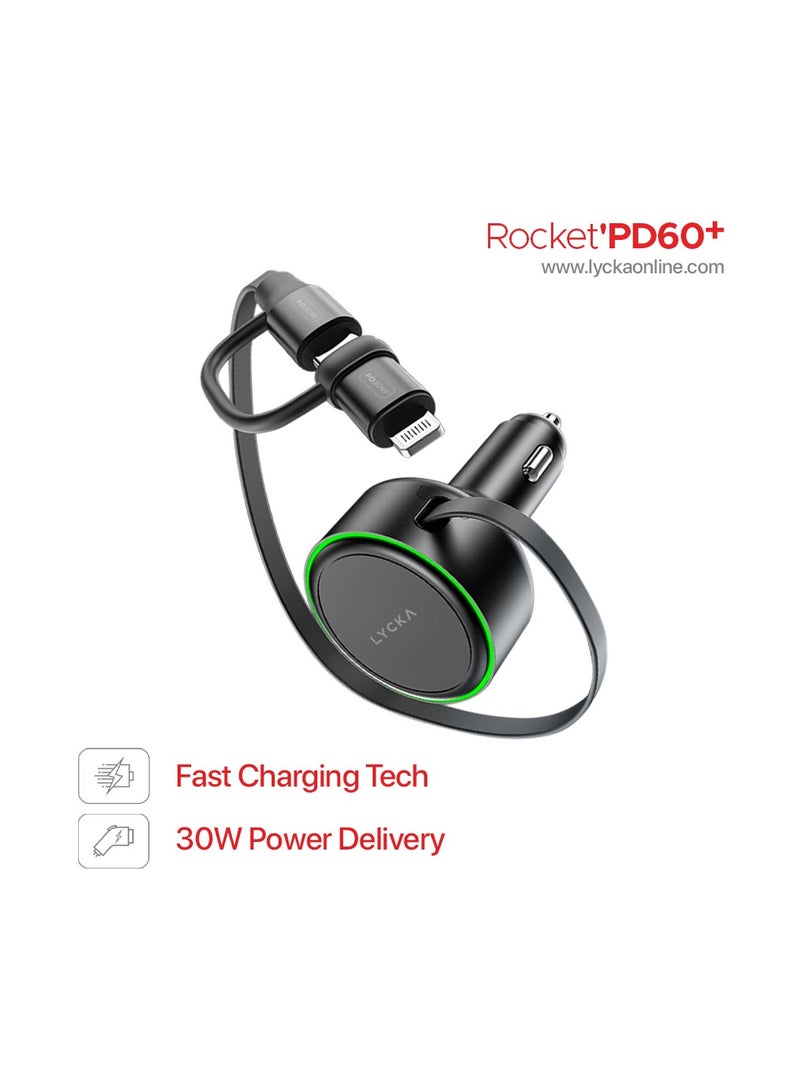 Lycka Rocket PD60+ 60W Type-C & Lighting Fast Car Charger with Built-in 2-in-1 Cable - Image 4