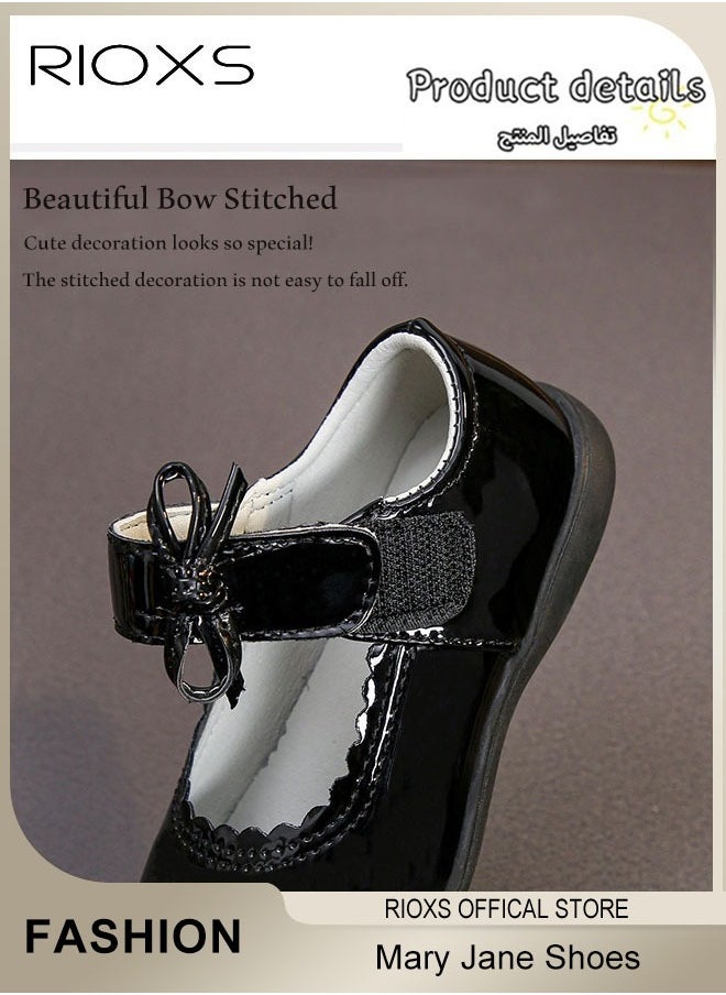 RIOXS - Girls' Mary Jane Leather Shoes, Flats Dress Shoes For Kid Girls, Cute Princess Shoes With Bow Stitched Decoration, Wedding Party Communion Shoes For Little Girls Big Girls - Image 1