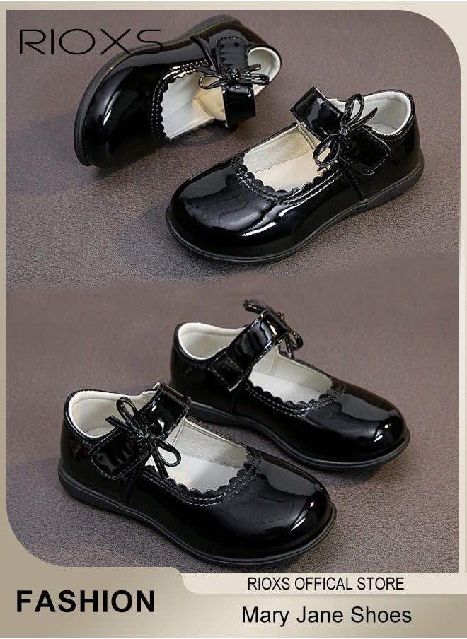 RIOXS - Girls' Mary Jane Leather Shoes, Flats Dress Shoes For Kid Girls, Cute Princess Shoes With Bow Stitched Decoration, Wedding Party Communion Shoes For Little Girls Big Girls - Image 1