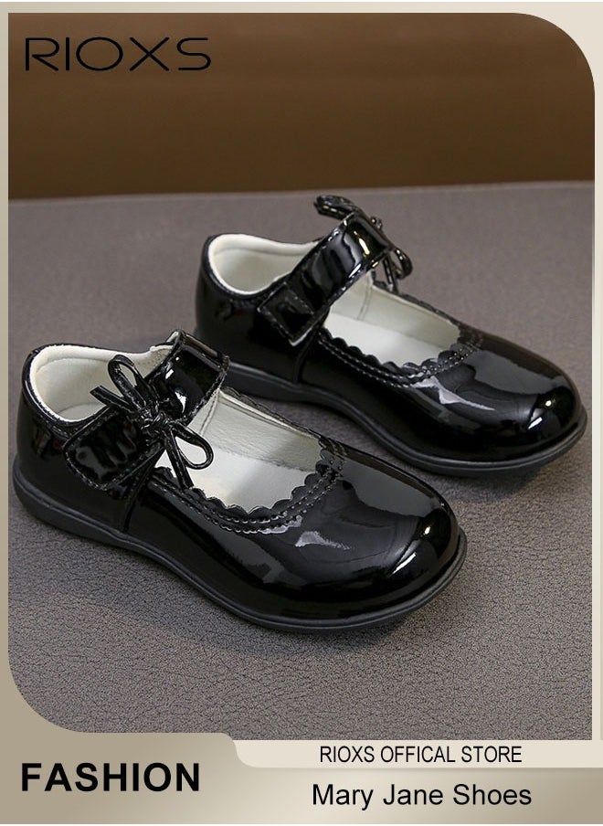 RIOXS - Girls' Mary Jane Leather Shoes, Flats Dress Shoes For Kid Girls, Cute Princess Shoes With Bow Stitched Decoration, Wedding Party Communion Shoes For Little Girls Big Girls - Image 1
