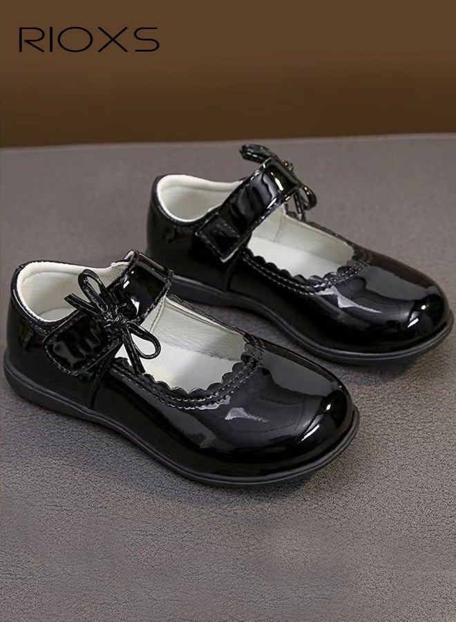 RIOXS Girls Mary Jane Flats, Leather Shoes for Toddler Girls, Dress Shoes Flats for Kid Girls, Cute Bowknot Princess Shoes, Wedding Party Communion Shoes for Little/ Big Kids Girls, School Shoes Uniform Shoes, Lightweight Non-slip Walking Shoes, Music Recitals Formal Shoes, Black Classic Flats - Image 2