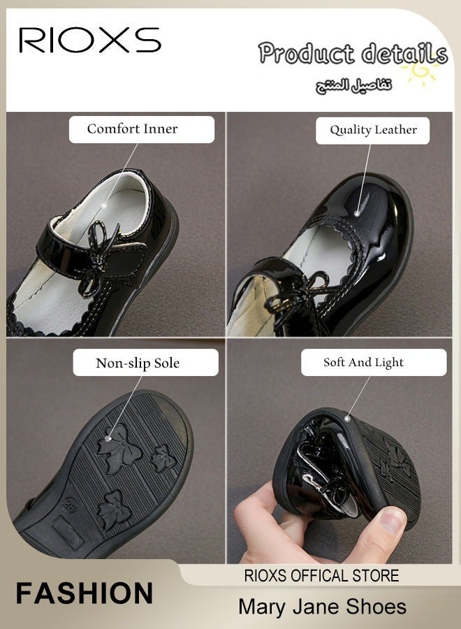 RIOXS Girls Mary Jane Flats, Leather Shoes for Toddler Girls, Dress Shoes Flats for Kid Girls, Cute Bowknot Princess Shoes, Wedding Party Communion Shoes for Little/ Big Kids Girls, School Shoes Uniform Shoes, Lightweight Non-slip Walking Shoes, Music Recitals Formal Shoes, Black Classic Flats - Image 3