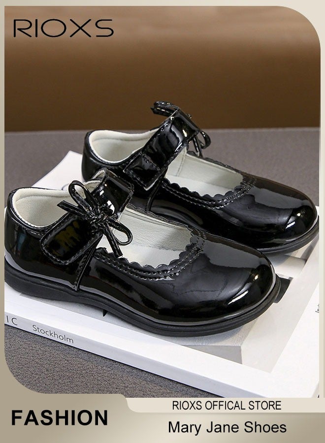 RIOXS Girls Mary Jane Flats, Leather Shoes for Toddler Girls, Dress Shoes Flats for Kid Girls, Cute Bowknot Princess Shoes, Wedding Party Communion Shoes for Little/ Big Kids Girls, School Shoes Uniform Shoes, Lightweight Non-slip Walking Shoes, Music Recitals Formal Shoes, Black Classic Flats - Image 4