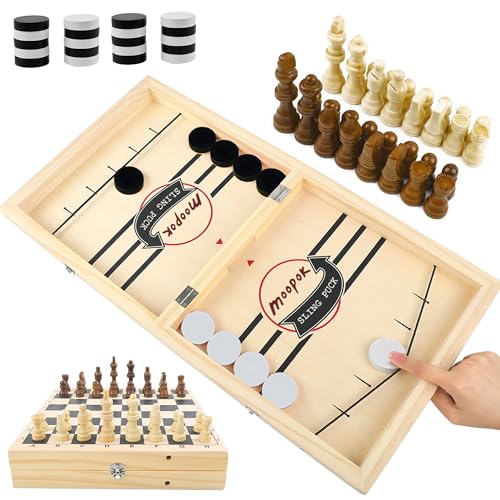 moopok Fast Sling Puck Game 2 in1 Chess Board and Desktop Battle Super Winner GameFast Action Wooden Air Hockey Board GameAdults and Kids Family Friend Funny Slingshot Game Toys