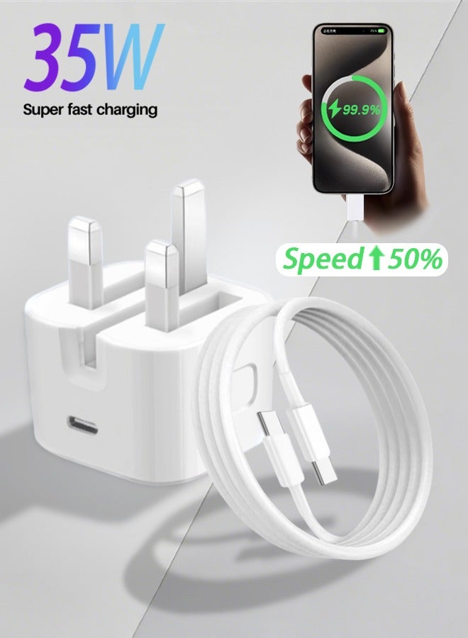 Iphone Charger Original T-C 35w Foldable Fast Charger For Iphone 16, Iphone15 Pro Max Charger With Usb C Port 35 Watt With 1m Iphone Fast Charging Cord Type C To C For Iphone 16 / 15 Pro Max/15 Pro/15 Plus/15,Huawei, Samsung S24 And All Usb C Mobiles / Tabs - White - Image 1