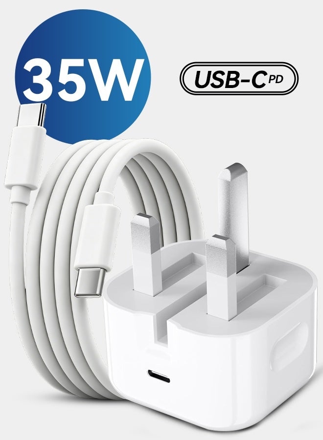 iPhone Charger Original T-C 35w Foldable Fast Charger for iPhone 16, iPhone15 Pro Max Charger with USB C Port 35 Watt with 1M iPhone Fast Charging Cord Type C To C for iPhone 16 / 15 Pro Max/15 Pro/15 Plus/15, HUAWEI, Samsung S24 and All USB C Mobiles / Tabs - White - Image 1