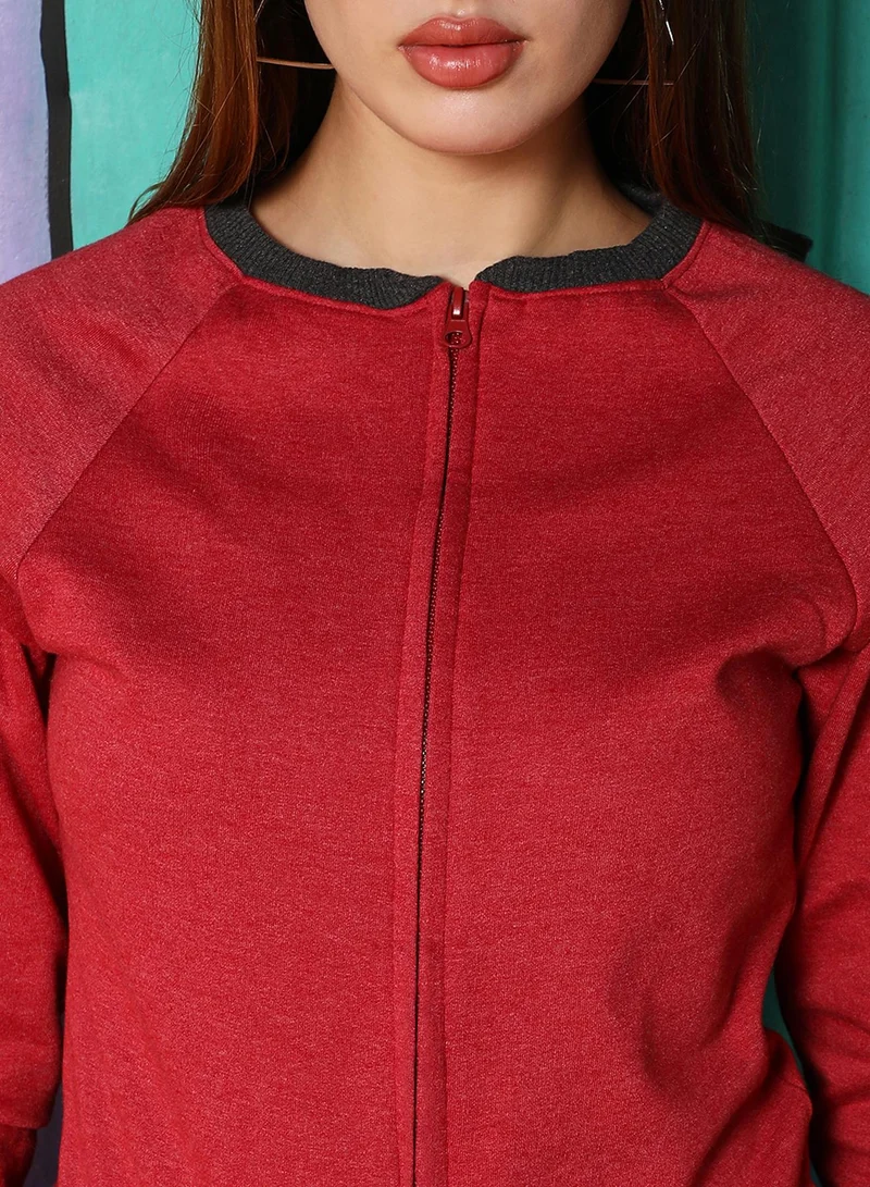 كامبوس سوترا Women's Candy Red Zip-Front Contrast Sweatshirt
