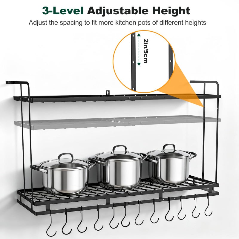 Housolution Pot Rack Wall Mounted, 22''-30'' Length Expandable, 3 Level Height Adjustable, 2 Tier Heavy Duty Hanging Cookware Pan Organizer with 12 Hooks and 8 Lid Holders - Image 4