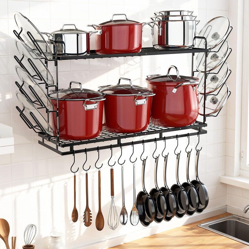 Housolution Pot Rack Wall Mounted, 22''-30'' Length Expandable, 3 Level Height Adjustable, 2 Tier Heavy Duty Hanging Cookware Pan Organizer with 12 Hooks and 8 Lid Holders - Image 1