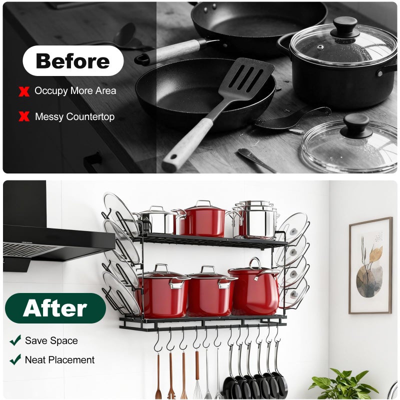 Housolution Pot Rack Wall Mounted, 22''-30'' Length Expandable, 3 Level Height Adjustable, 2 Tier Heavy Duty Hanging Cookware Pan Organizer with 12 Hooks and 8 Lid Holders - Image 5