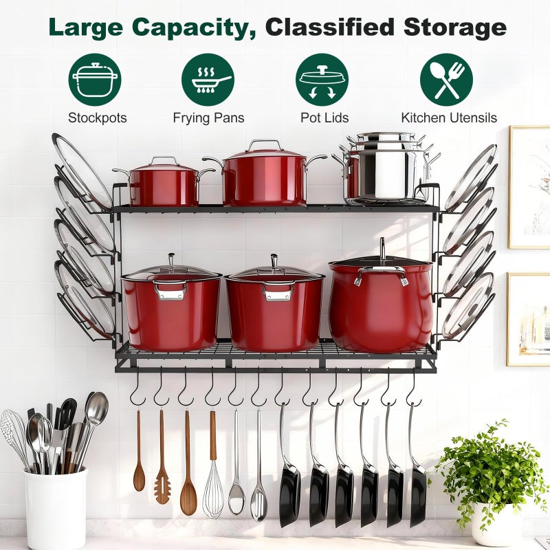 Housolution Pot Rack Wall Mounted, 22''-30'' Length Expandable, 3 Level Height Adjustable, 2 Tier Heavy Duty Hanging Cookware Pan Organizer with 12 Hooks and 8 Lid Holders - Image 2