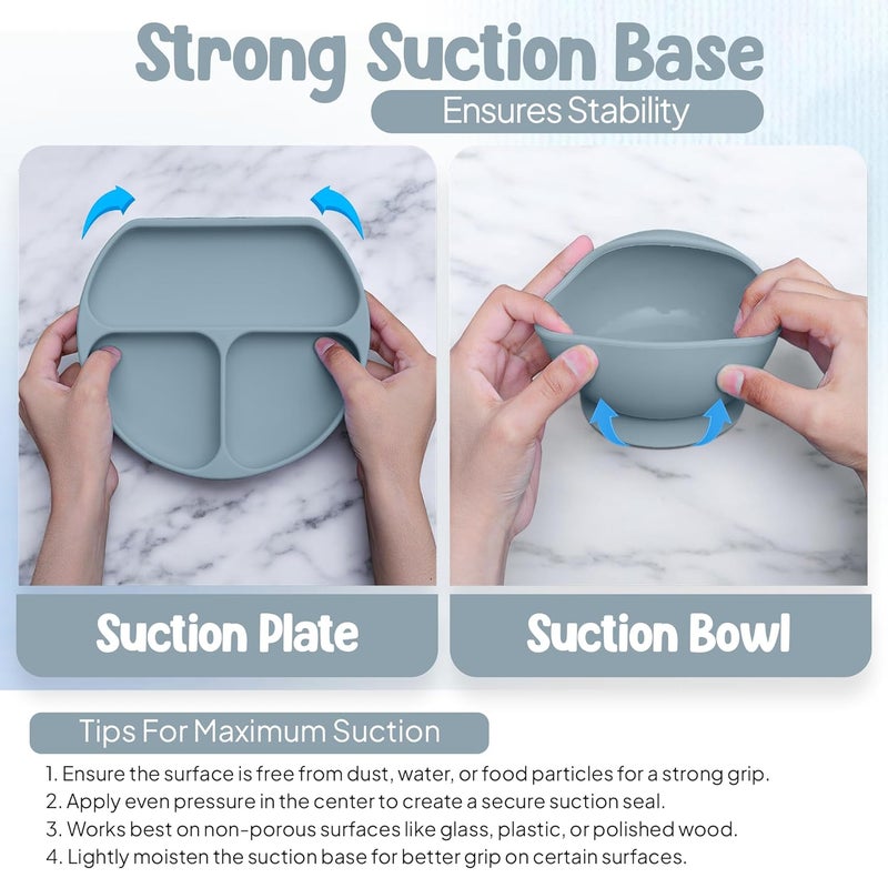 O'doe مجموعة تغذية الأطفال من أودو 11 قطعة خالية من BPA | أطباق شفط سميكة وناعمة، وعاء طعام للأطفال، وشوكة وملعقة خشبية، والمزيد | اجعل وقت الوجبة ممتعًا وسهلاً لطفلك الصغير | أزرق V1 - Image 3