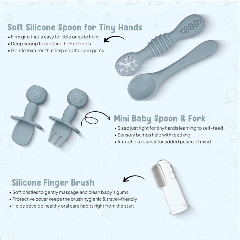 O'doe مجموعة تغذية الأطفال من أودو 11 قطعة خالية من BPA | أطباق شفط سميكة وناعمة، وعاء طعام للأطفال، وشوكة وملعقة خشبية، والمزيد | اجعل وقت الوجبة ممتعًا وسهلاً لطفلك الصغير | أزرق V1 - Image 4