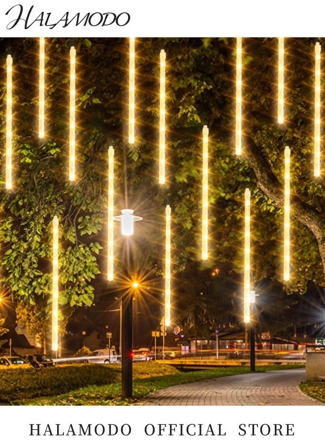 Halamodo Meteor Shower Lights Outdoor, 8 Tube 144 LEDs Warm White Lights for Tree Eave Holiday Party Patio House Wedding Decor - Image 3