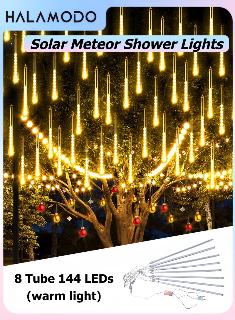 Halamodo Meteor Shower Lights Outdoor, 8 Tube 144 LEDs Warm White Lights for Tree Eave Holiday Party Patio House Wedding Decor - Image 1