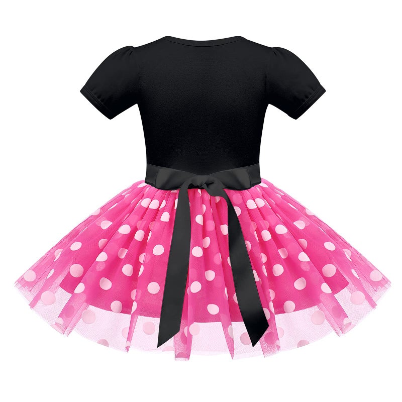 IMEKIS Mouse 2nd Birthday Outfit Baby Girls Dress Polka Dots Mini Tutu Headband Two Years Old Cake Smash Photo Shoot Toddler Second Mouse Birthday Party Black+Rose Bowknot 18-24 Months - Image 2