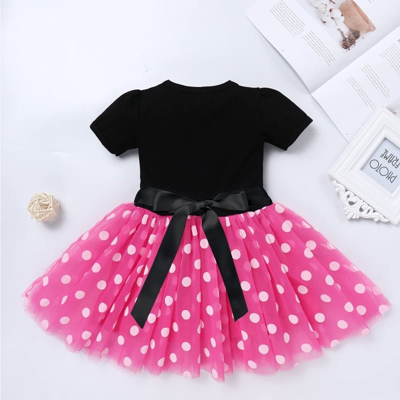 IMEKIS Mouse 2nd Birthday Outfit Baby Girls Dress Polka Dots Mini Tutu Headband Two Years Old Cake Smash Photo Shoot Toddler Second Mouse Birthday Party Black+Rose Bowknot 18-24 Months - Image 4