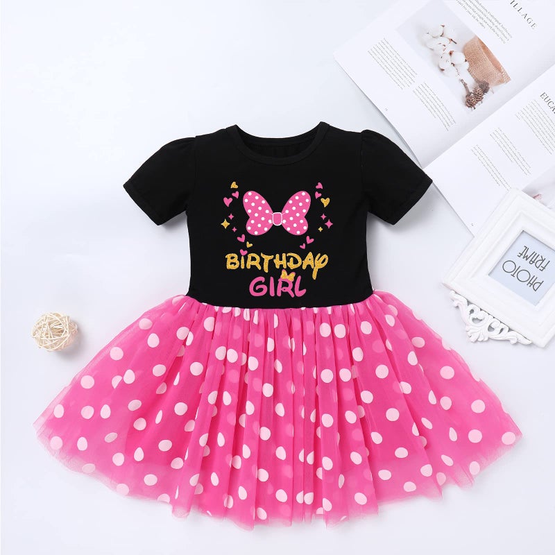 IMEKIS Mouse 2nd Birthday Outfit Baby Girls Dress Polka Dots Mini Tutu Headband Two Years Old Cake Smash Photo Shoot Toddler Second Mouse Birthday Party Black+Rose Bowknot 18-24 Months - Image 3