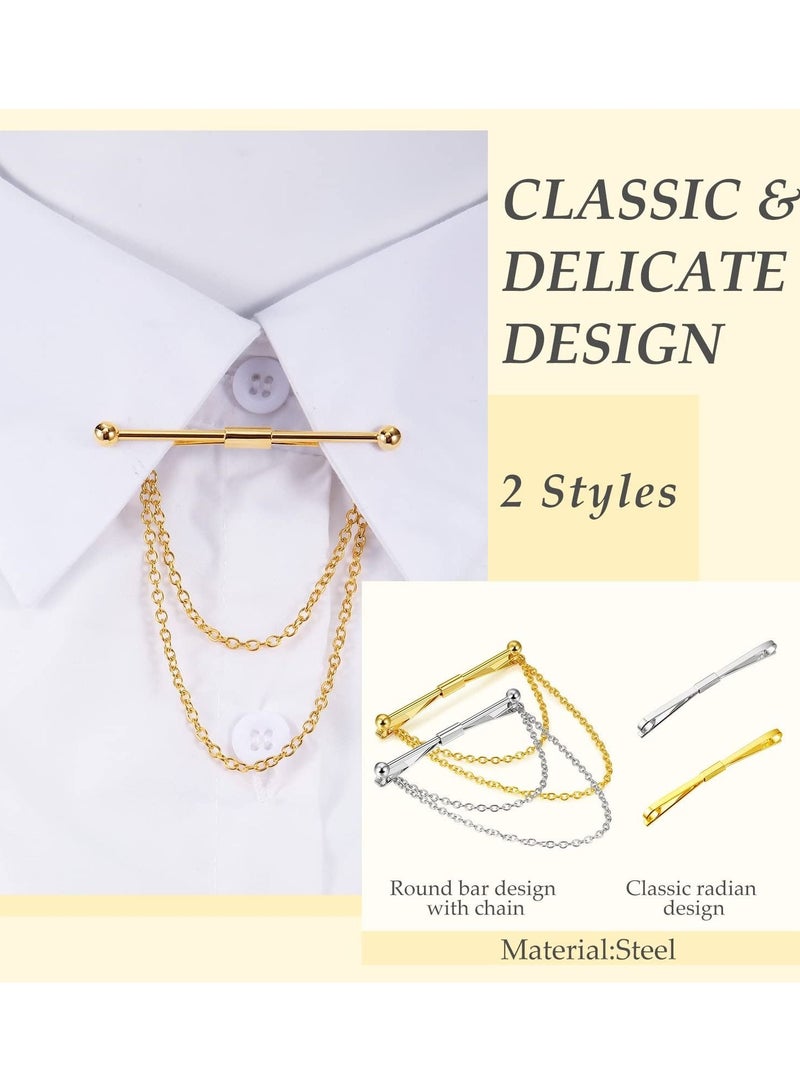 Tie Bar Pin Set Men's Classic Shirt Tie Clips Silver and Gold Tone Tie Clips - 4 Pcs with Chain Fringe Tie Pins Tie Chains for Men's Tuxedo for Wedding Anniversary Business and Everyday Use - Image 2