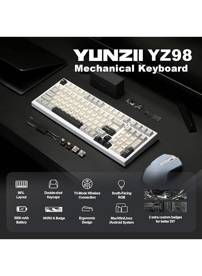 YUNZII Yz98 Gasket Mechanical Keyboard 99 Keys Hot Swap Bt5.0/2.4G/Usb C Wireless Gaming Keyboard Nkro 98% Layout With Rgb Led Backlight For Linux/Win/Mac (White Milk Switch)  - Image 2