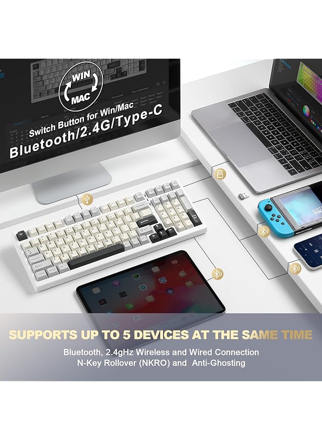 YUNZII Yz98 Gasket Mechanical Keyboard 99 Keys Hot Swap Bt5.0/2.4G/Usb C Wireless Gaming Keyboard Nkro 98% Layout With Rgb Led Backlight For Linux/Win/Mac (White Milk Switch)  - Image 5