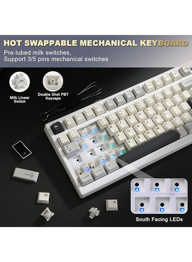 YUNZII Yz98 Gasket Mechanical Keyboard 99 Keys Hot Swap Bt5.0/2.4G/Usb C Wireless Gaming Keyboard Nkro 98% Layout With Rgb Led Backlight For Linux/Win/Mac (White Milk Switch)  - Image 3