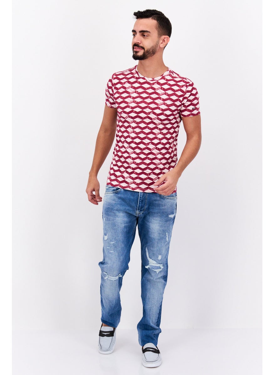 GAS Men Slim Fit Crew Neck Short All Over Printed T Shirt, Red Combo  - Image 4