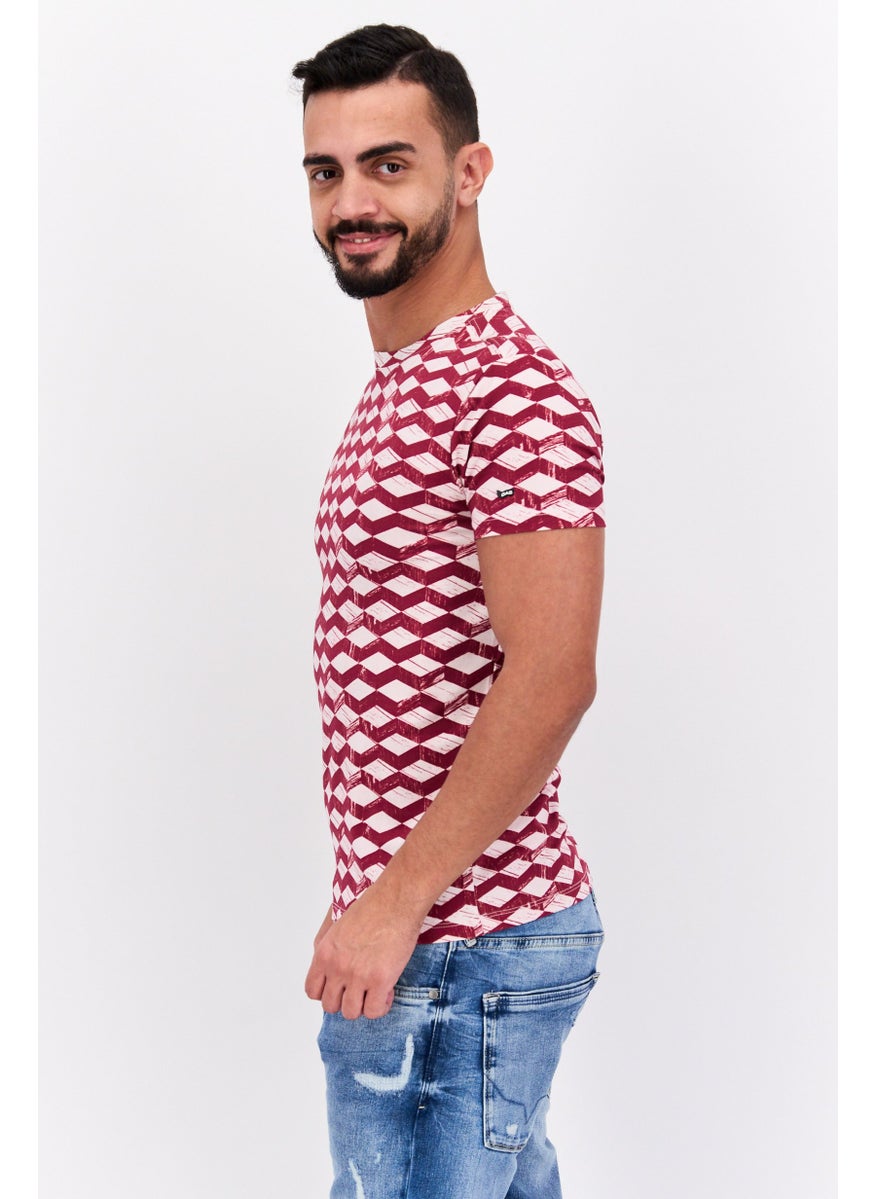 GAS Men Slim Fit Crew Neck Short All Over Printed T Shirt, Red Combo  - Image 2