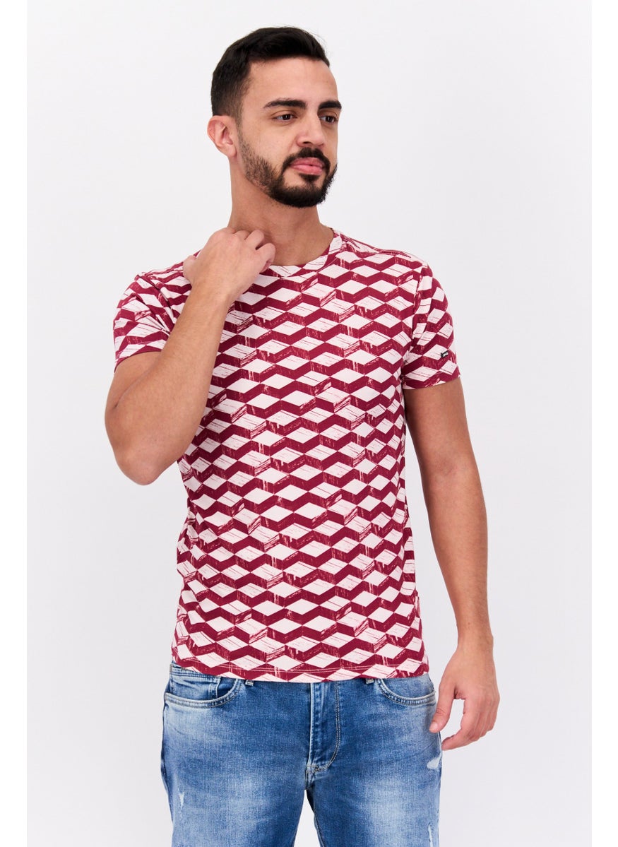 GAS Men Slim Fit Crew Neck Short All Over Printed T Shirt, Red Combo  - Image 1