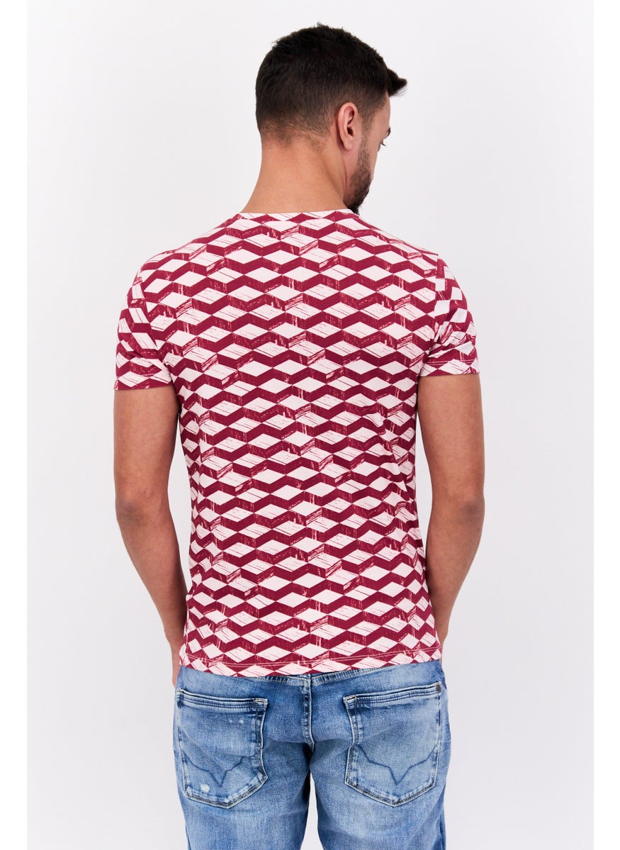 GAS Men Slim Fit Crew Neck Short All Over Printed T Shirt, Red Combo  - Image 3