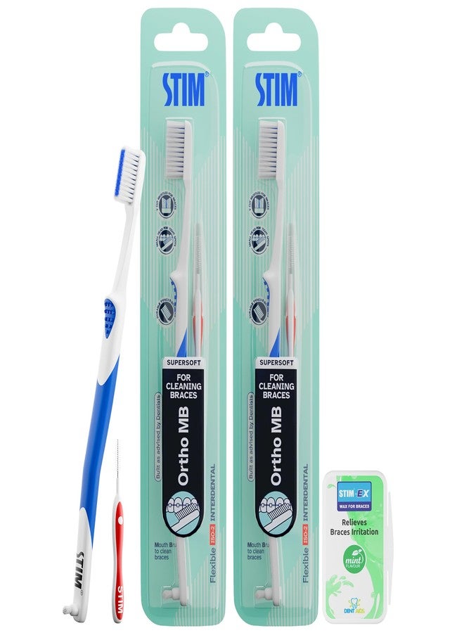 STIM Ortho MB Toothbrush Combo for Braces Care | Supersoft Bristles for Orthodontic Cleaning | Includes Wax Strip for Braces Irritation Relief - Image 1