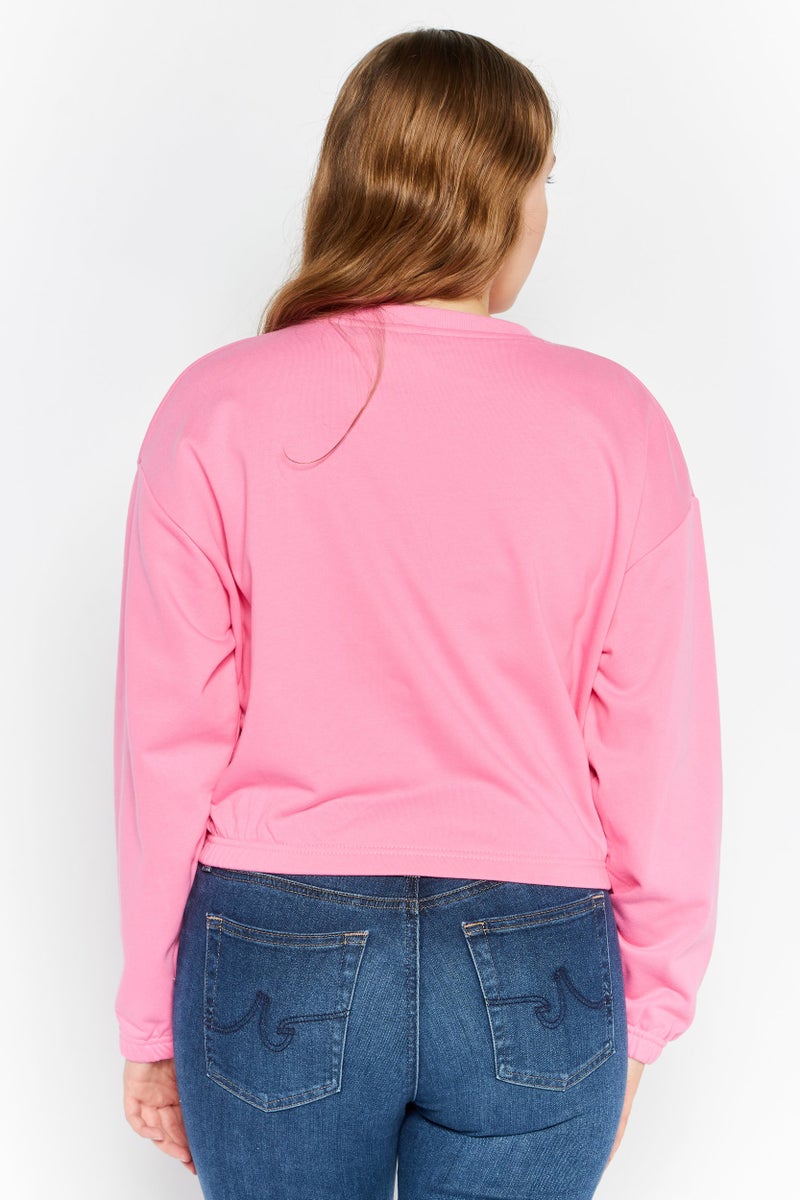 bebe سويت شيرت قصير بقلنسوة دائرية للنساء بشعار العلامة التجارية، وردي - Image 4