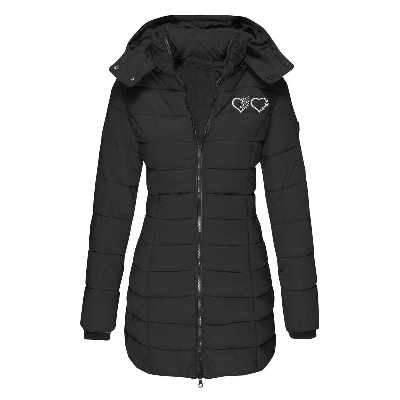 European size cross-border winter womens cotton-padded jacket mid-length slim-fit cotton-padded jacket warm solid color hooded cotton-padded jacket printing Army Green - Image 2