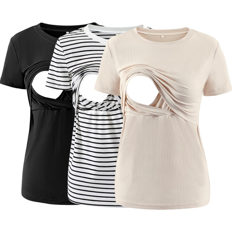Liu & Qu Liu Qu Womens Maternity Nursing Tops Rib Short Sleeve Breastfeeding Shirts Maternity Clothes 3Pack - Image 2