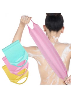 Breling 3 Pack Exfoliating Back Scrubber With Handles Exfoliating Washcloth Nylon Extended Length Body Exfoliator Brush Stretchable Pull Strap Back Washer For Shower Long Bath (Pink, Blue, Yellow)  - Image 1