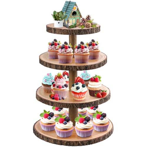 GrnVibe Cupcake Stand Wood Dessert Stands 4 Tier Cupcake Tower Large Cupcake Display Stand Rustic Cupcake Tier Stand for Woodland Baby Shower Decorations/Wedding/Birthday/Party/Farmhouse Decor - Image 1