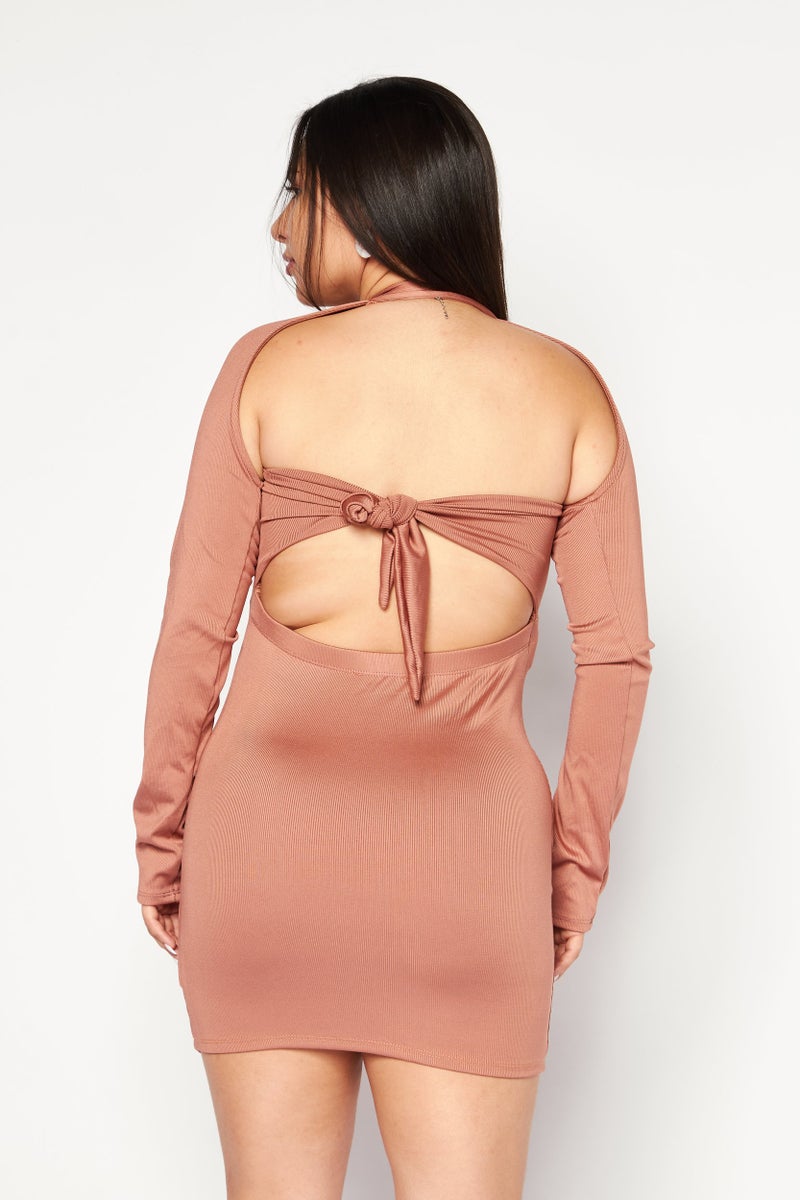 Endless Blu Women Plain Cut Out Mini Dress, Brown - Image 4