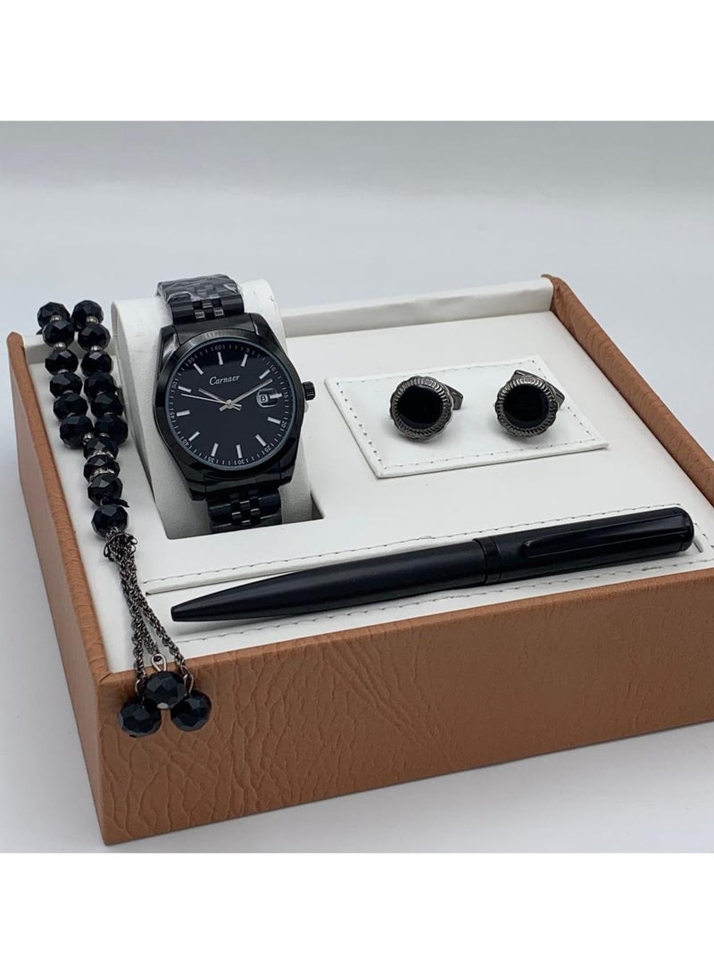 Men's set from Carnaer, consisting of fuor pieces: a watch, a pen, cufflinks, and a rosary.