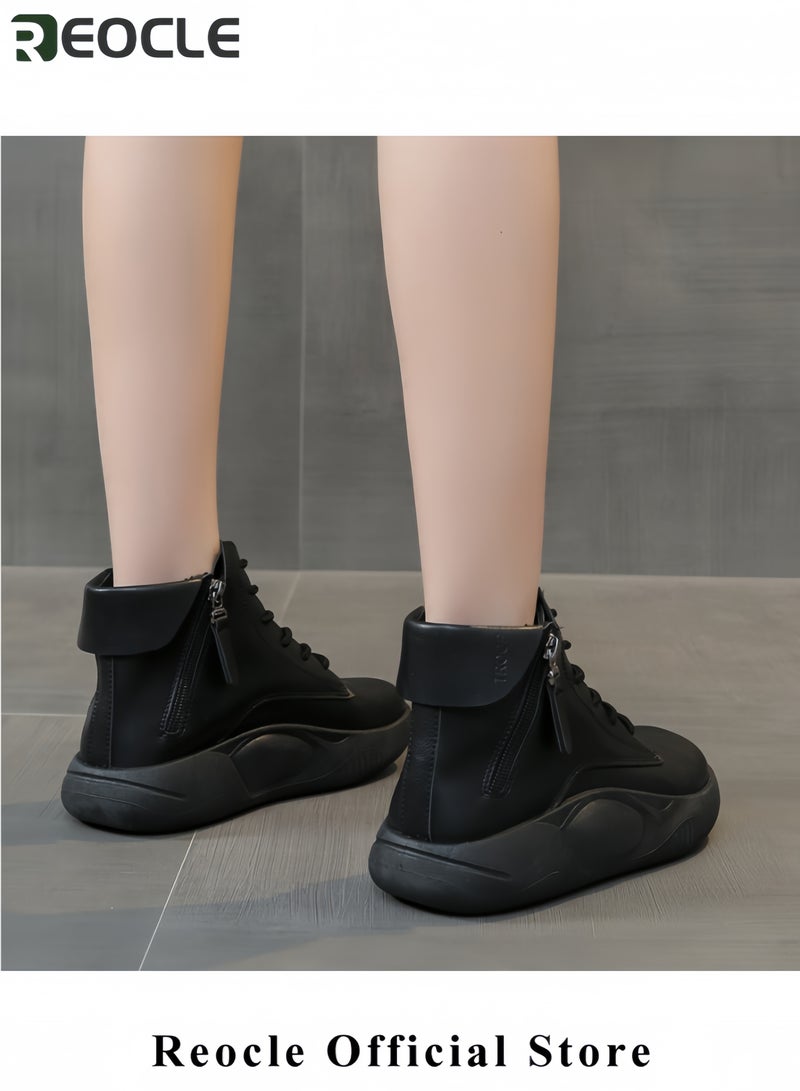 ريوكل حذاء رياضي نسائي من الجلد الطبيعي برباط ونعل سميك، حذاء رياضي كاجوال يصل إلى الكاحل، حذاء رياضي عصري ممتص للصدمات، حذاء رياضي للجري - Image 3