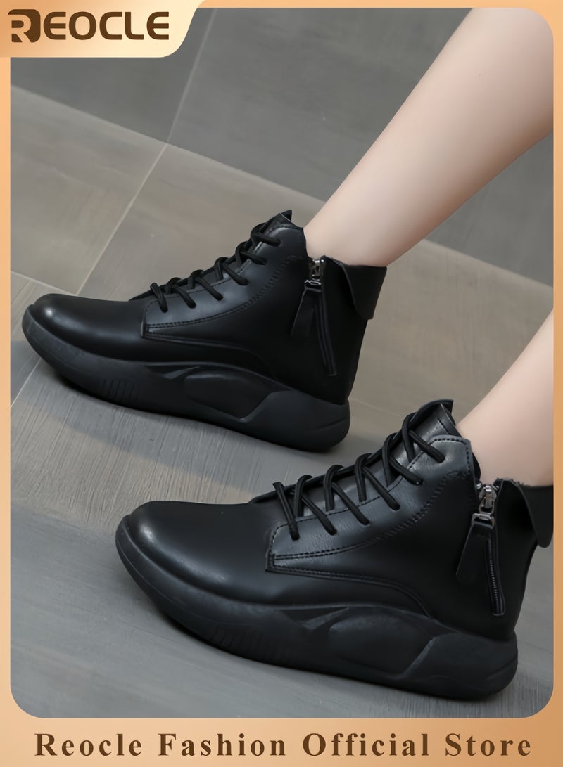 ريوكل حذاء رياضي نسائي من الجلد الطبيعي برباط ونعل سميك، حذاء رياضي كاجوال يصل إلى الكاحل، حذاء رياضي عصري ممتص للصدمات، حذاء رياضي للجري - Image 1