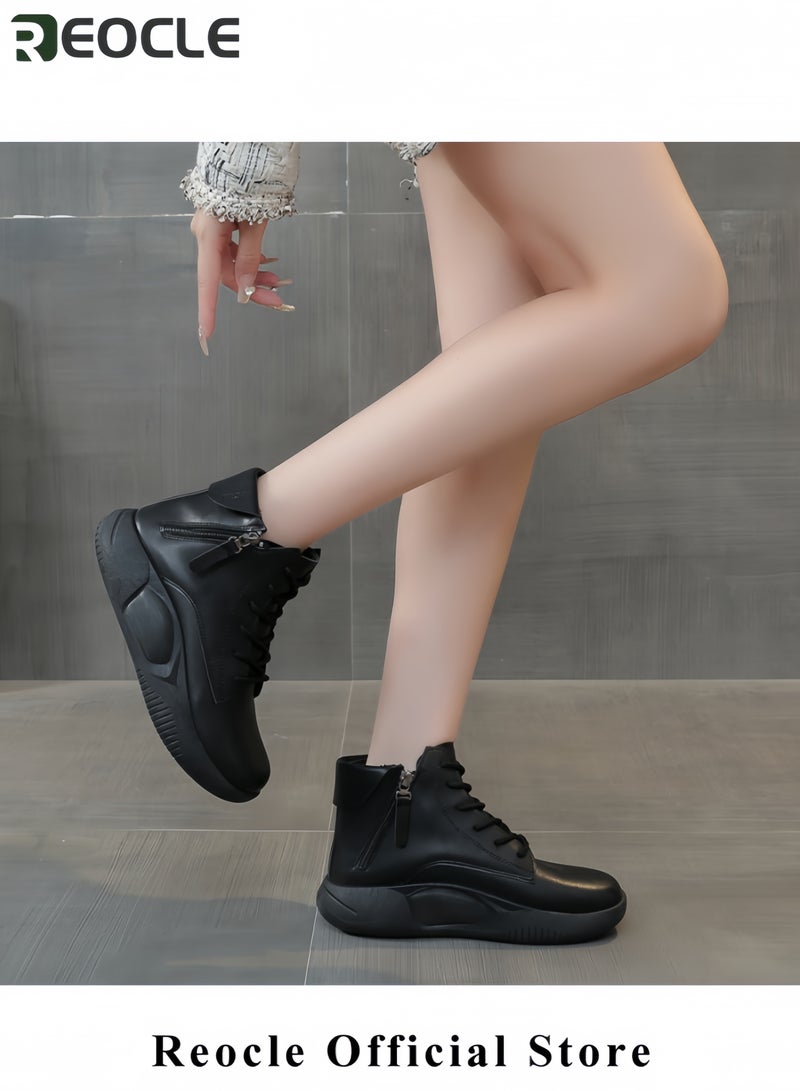 ريوكل حذاء رياضي نسائي من الجلد الطبيعي برباط ونعل سميك، حذاء رياضي كاجوال يصل إلى الكاحل، حذاء رياضي عصري ممتص للصدمات، حذاء رياضي للجري - Image 2